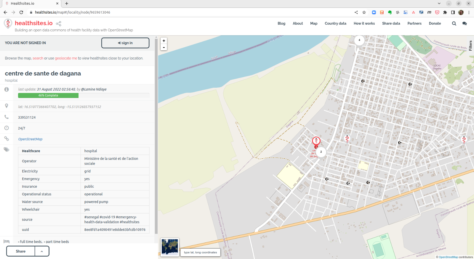 A validated health facility record on OpenStreetMap, showing emergency status and attributes