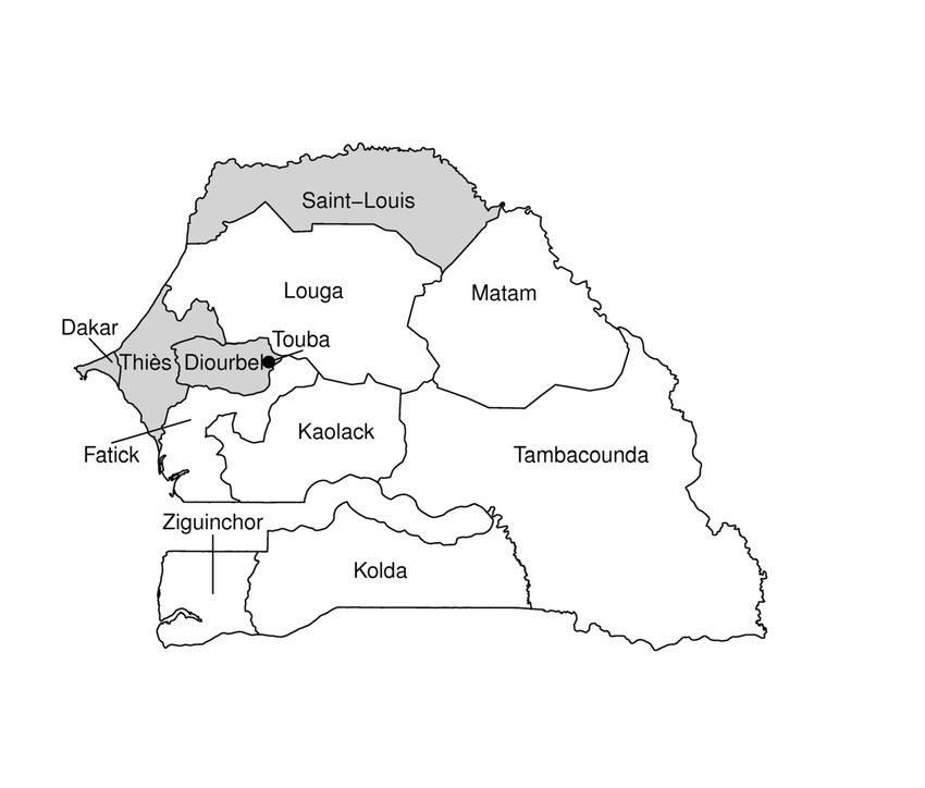 Map of Senegal's 14 medical regions